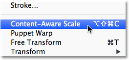 Selecting the Content-Aware Scale command from the Edit menu. Image © 2012 Photoshop Essentials.com