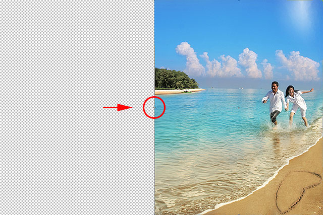 Reshaing foto dengan perintah Skala Content-Aware. Image © 2012 Photoshop Essentials.com