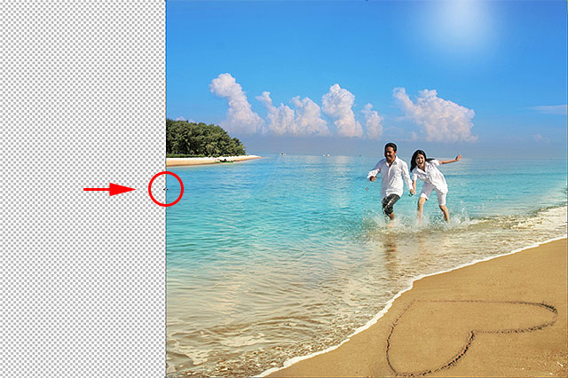 Dragging the left transform handle to reshape the image with Content-Aware Scale. Image © 2012 Photoshop Essentials.com