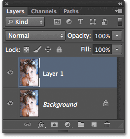 Panel Layers menampilkan salinan gambar asli pada Layer 1. Image © 2012 Photoshop Essentials.com