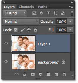 Panel Layers menampilkan salinan gambar asli pada Layer 1. Image © 2012 Photoshop Essentials.com