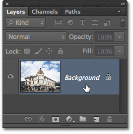 The Background layer in the Layers panel in Photoshop CS6. Image © 2012 Steve Patterson