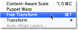 Selecting the Free Transform command in Photoshop CS6. Image © 2012 Steve Patterson