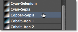 Selecting the Copper-Sepia Photographic Toning preset from the Gradient Picker. Image © 2012 Photoshop Essentials.com