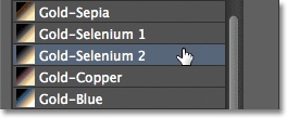 Selecting the Gold-Selenium 2 Photographic Toning preset from the Gradient Picker. Image © 2012 Photoshop Essentials.com