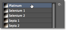 Selecting the Platinum Photographic Toning preset. Image © 2012 Photoshop Essentials.com