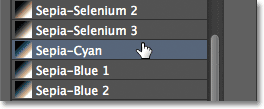 Selecting the Sepia-Cyan Photographic Toning preset from the Gradient Picker. Image © 2012 Photoshop Essentials.com