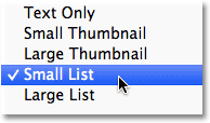 Choosing the Small List view option from the Gradient Picker menu. Image © 2012 Photoshop Essentials.com