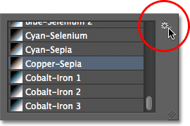 Clicking the gear icon in the top right corner of the Gradient Picker. Image © 2012 Photoshop Essentials.com