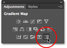 Selecting a Gradient Map adjustment from the Adjustments panel. Image © 2012 Photoshop Essentials.com