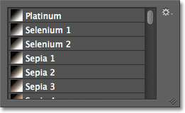 The Gradient Picker showing a thumbnail and the name of each preset. Image © 2012 Photoshop Essentials.com