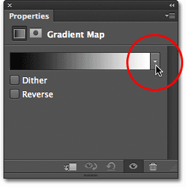 Opening the Gradient Picker in the Properties panel in Photoshop CS6. Image © 2012 Photoshop Essentials.com