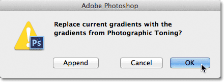 Replacing the current gradients with the Photographic Toning gradients. Image © 2012 Photoshop Essentials.com