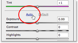 Clicking the Auto button in the Basics panel. Image © 2013 Photoshop Essentials.com