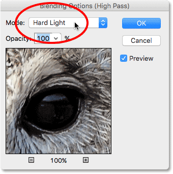 Changing the blend mode of the High Pass filter to Soft Light. Image © 2016 Photoshop Essentials.com