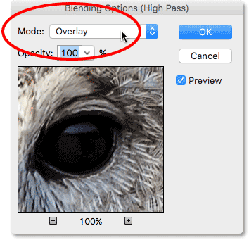 Changing the blend mode of the High Pass filter to Overlay. Image © 2016 Photoshop Essentials.com
