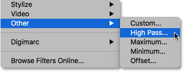 Choosing the High Pass filter from under the Filter menu. Image © 2016 Photoshop Essentials.com