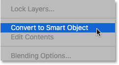 Choosing Convert to Smart Object from the Layers panel menu. Image © 2016 Photoshop Essentials.com