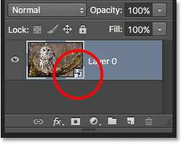 The layer preview thumbnail showing the new Smart Object icon. Image © 2016 Photoshop Essentials.com