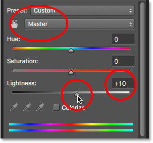 Increasing the Lightness value for the Hue/Saturation adjustment layer.