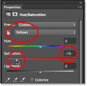 Lowering the Saturation value for the Hue/Saturation adjustment layer.