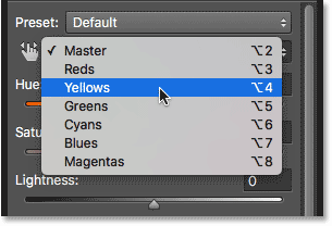 Changing Hue/Saturation from Master to Yellows.