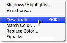 Memilih perintah desaturate di Photoshop. Gambar © 2009 Photoshop Essentials.com