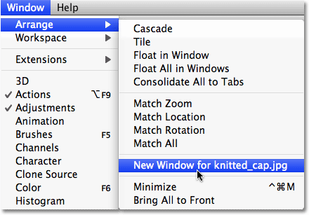 Выбор Window - Arrange - Новая опция Окно в Photoshop. Image © 2009 Photoshop Essentials.com