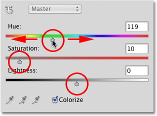 Menyesuaikan kontrol Hue, Saturation dan Lightness. Image © 2010 Photoshop Essentials.com