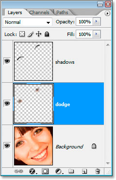 The Layers palette now showing the dodge layer above the Background layer