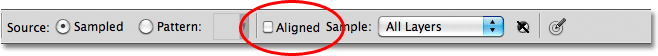 The Aligned option for the Healing Brush is unchecked. Image © 2010 Photoshop Essentials.com