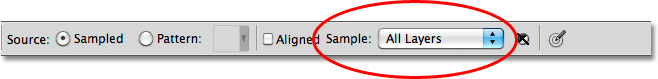 Setting the Sample Mode for the Healing Brush to 'All Layers'. Image © 2010 Photoshop Essentials.com