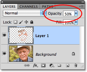 Menurunkan opacity layer menjadi 50% di Photoshop. Image © 2010 Photoshop Essentials.com