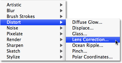 Memilih Lens Correction filter dari menu Filter di Photoshop. Gambar © 2009 Photoshop Essentials.com.