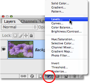 Memilih lapisan penyesuaian Tingkat di Photoshop. Gambar © 2009 Photoshop Essentials.com