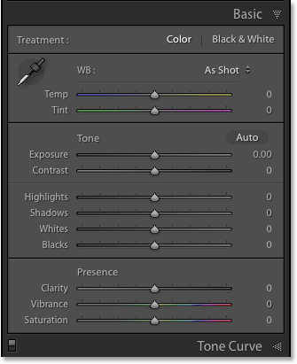 The Basic panel has been reset in Lightroom. Image © 2016 Photoshop Essentials.com