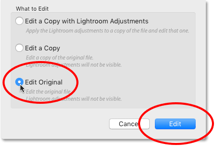 Choosing the Edit Original option in Lightroom. Image © 2016 Photoshop Essentials.com