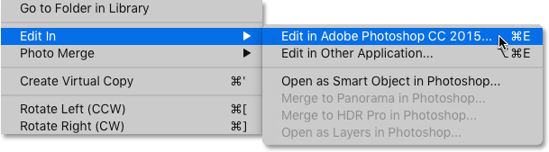 Choosing the Edit in Adobe Photoshop command from under the Photo menu in Lightroom. Image © 2016 Photoshop Essentials.com