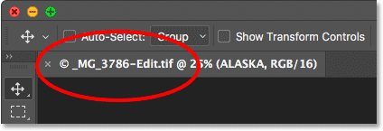 The document tab in Photoshop showing the name of the file. Image © 2016 Photoshop Essentials.com