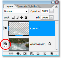 Clicking the layer visibility icon for the Background layer to temporarily hide it from view.