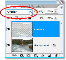 Changing the blend mode for 'Layer 1' from 'Normal' to 'Overlay'.