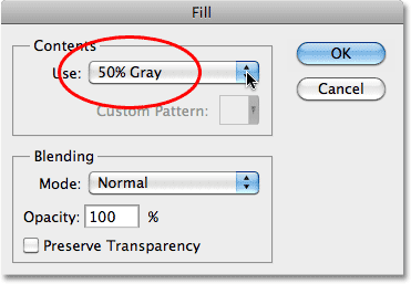 Mengatur opsi Gunakan 50% Gray di kotak dialog Fill di Photoshop. Image © 2010 Photoshop Essentials.com