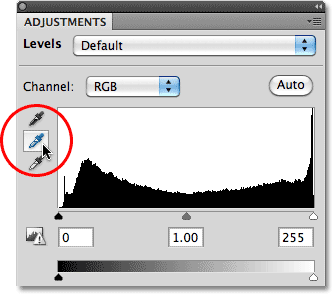 Set Gray Titik pipet di Tingkat dialog kotak di Photoshop. Image © 2010 Photoshop Essentials.com