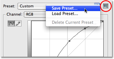 Menyimpan kurva kustom sebagai preset di Photoshop CS3. Gambar © 2009 Photoshop Essentials.com