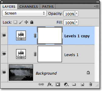 Salinan dari lapisan penyesuaian Tingkat muncul di atas asli dalam panel Layers. Gambar © 2011 Photoshop Essentials.com