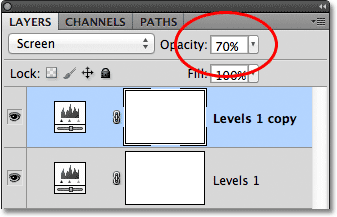 Lapisan pilihan opacity pada panel Layers di Photoshop. Gambar © 2011 Photoshop Essentials.com