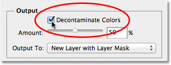 The dekontaminasi Pilihan Warna dalam kotak dialog Refine Edge. Image © 2012 Photoshop Essentials.com