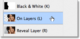 Choosing the On Layers view mode for the Refine Edge command. Image © 2012 Photoshop Essentials.com