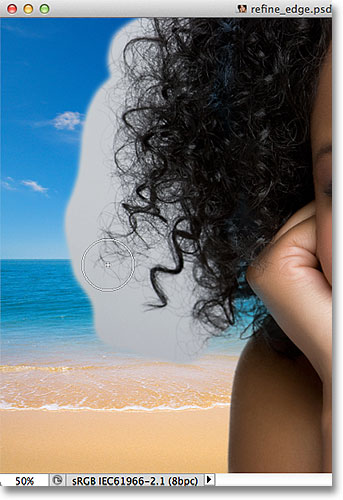 Painting over the hair with the Refine Radius Tool. Image © 2012 Photoshop Essentials.com