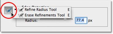 The Persempit Radius Tool dan Erase Penyempurnaan Alat di kotak dialog Refine Edge. Image © 2012 Photoshop Essentials.com